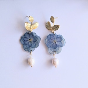 Real Pressed Hydrangea Earrings with Pearls | Blue Hydrangea Dried Flower Earrings | Gold or Silver