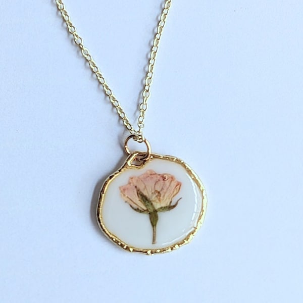 Real Pressed Rose Necklace | Dried Flower Pendant | 14k Gold OR Silver | Dainty & Feminine Necklace