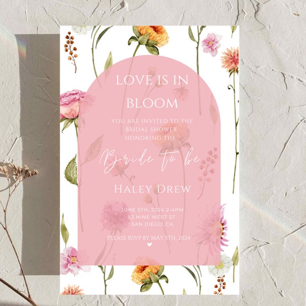 Love in Bloom Bridal Shower Invitation, Wildflower Invitation, Floral Bridal Shower, Bridal Brunch Invitation, Modern Bridal Invite, Pink