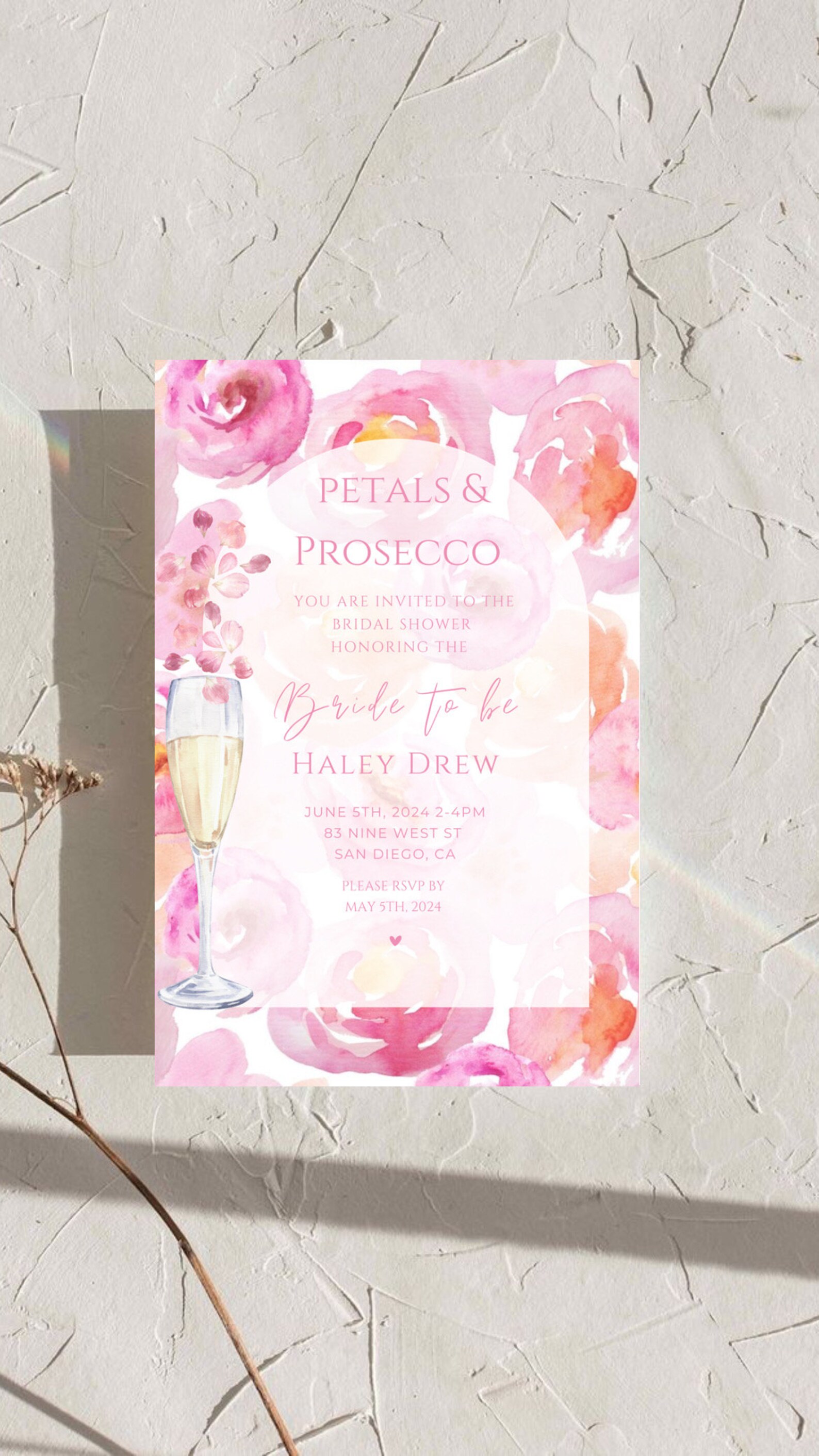 Petals and Prosecco Invitation, Petals Prosecco Invite, Petals and ...