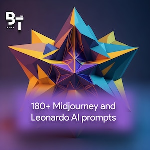 May include: A colorful, geometric, star-shaped 3D object with a purple, blue, yellow, and orange color scheme. The text "180+ Midjourney and Leonardo AI prompts" is displayed in white text on a purple background.