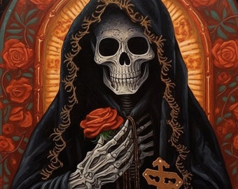 Sacred Offering: Digital Download Image of La Santa Muerte with Red Rose
