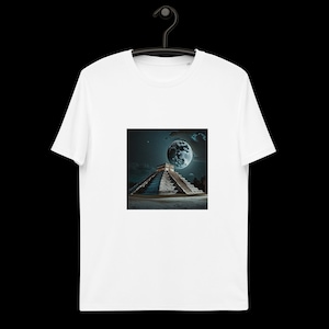 Könnte beinhalten: Ein weißes T-Shirt mit einem Grafikdruck eines großen Mondes über einer Steinpyramide. Die Pyramide befindet sich im Vordergrund und der Mond im Hintergrund. Der Himmel ist dunkelblau mit Wolken.