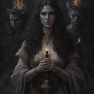 May include: Digital art print featuring a woman with long, dark hair, wearing a crown and holding a candle. Two shadowy figures with flames above their heads flank her. The image has a dark, gothic theme.