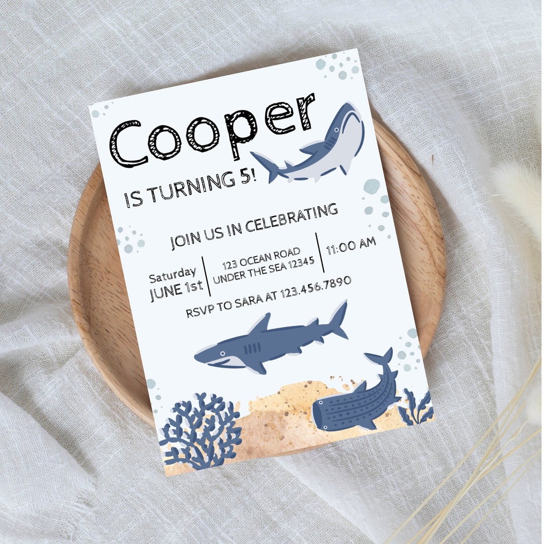 Shark Birthday Invitation, Digital Shark Invite, Printable Shark Invitation, Downloadable Shark ...