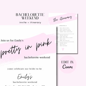 Pretty in Pink Bachelorette Invitation + Itinerary Template | Bachelorette Weekend | Customize and Edit for Free on Canva | INSTANT Download