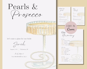 Pearls and Prosecco Bachelorette Weekend Invitation and Itinerary| Customize and Edit for Free on Canva | INSTANT Download