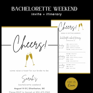 Champagne Toast Bachelorette Weekend Invitation + Itinerary Template | Customize and Edit for Free on Canva | INSTANT Download