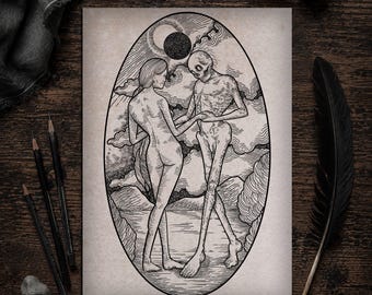 Death and the Maiden | Gothic Line Art Illustration, Memento Mori Wall Decor, Dark Academia Occult Skeleton Drawing Poster