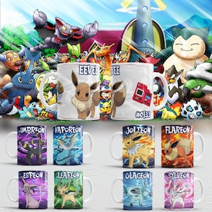Eevee Evolution Mugs wrap sublimation : Umbreon, Sylveon, Espeon, Eevee, Leafeon, Glaceon, Vaporeon, Flareon, Jolteon (manga, otaku, anime,