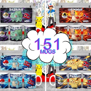 Puede incluir: Una colección de tazas de cerámica blanca con varios personajes de Pokémon, incluyendo Bulbasaur, Charmander, Squirtle y Pikachu. Cada taza tiene un diseño a juego con el nombre del personaje y una Pokeball. La imagen también incluye el texto "151 MUGS".