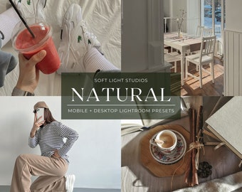 Puede incluir: Un collage de imágenes que muestran un conjunto de ajustes preestablecidos de Lightroom llamados "Natural" de Soft Light Studios. Los ajustes preestablecidos están diseñados para Lightroom móvil y de escritorio. Las imágenes muestran a una persona con zapatillas blancas, una persona sosteniendo un batido, una persona con una camisa a rayas y pantalones caqui, una taza de café en una bandeja de madera y un libro sobre una superficie blanca.