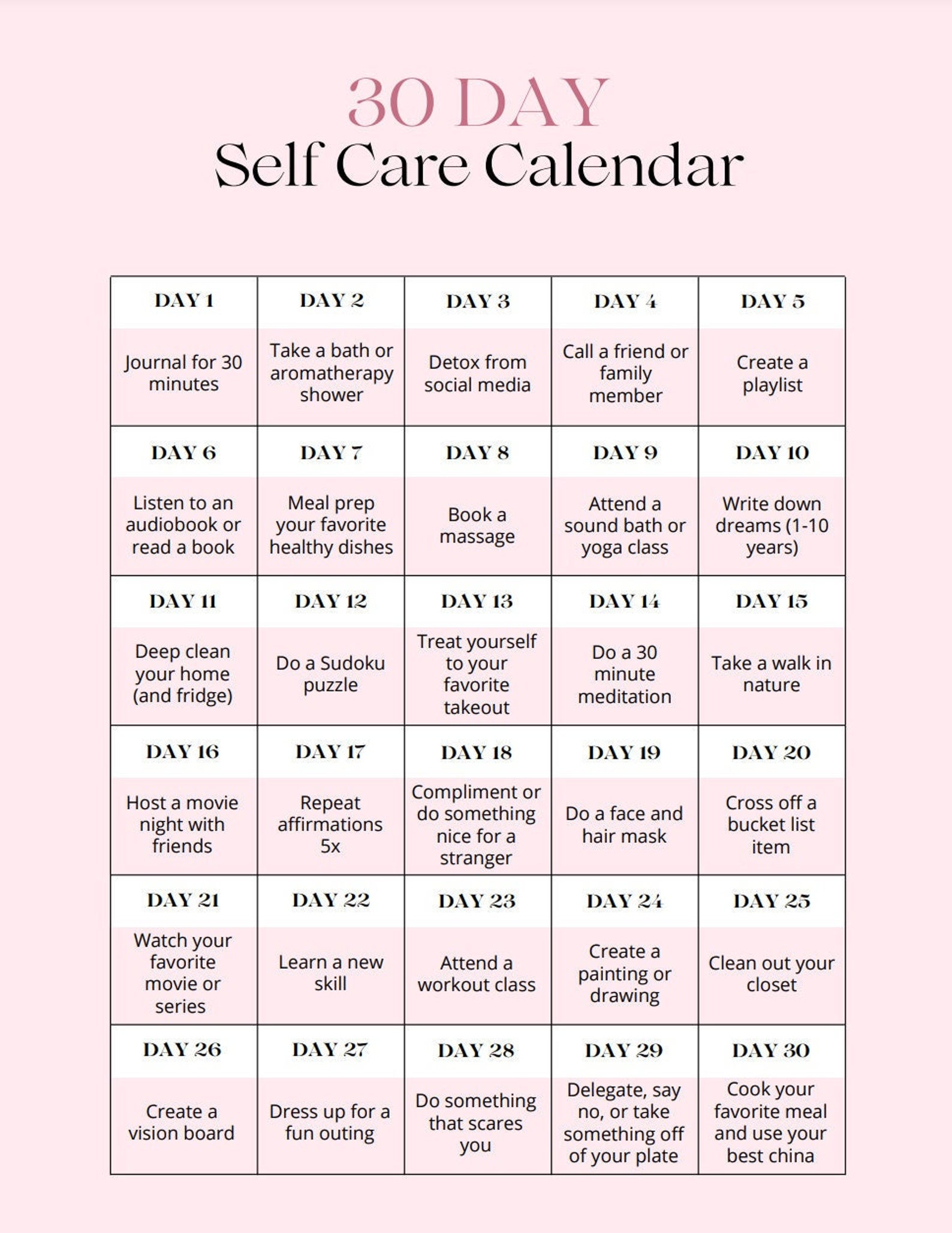 30 Day Self Care Calendar Etsy 30 Day Self Care Calendar Etsy