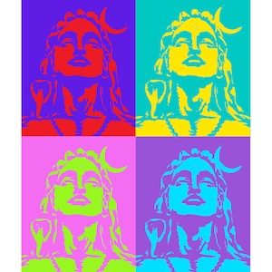May include: A digital art print of a Hindu deity, Shiva, in a pop art style. The image is divided into four squares, each with a different colour background: purple, turquoise, pink, and lavender. Shiva is depicted in a yellow, red, green, and blue silhouette, respectively.