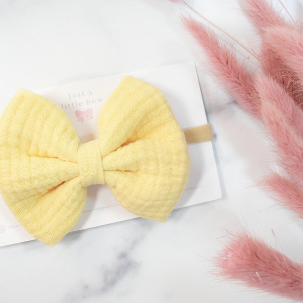 Yellow Muslin Hair Bow | Yellow Cotton Gauze Hair Bow | Plain Headband Clip Bow | Yellow Baby Girl Headband | Baby Girl Hair Bow