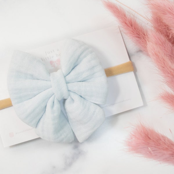 Light Blue Muslin Hair Bow | Light Blue Cotton Gauze Hair Bow | Plain Headband Clip Bow | Light Blue Baby Girl Headband | Baby Girl Hair Bow