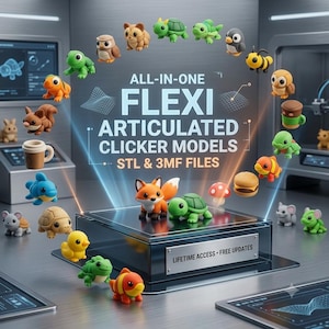May include: A collection of small, colorful, articulated animal figurines including a fox, turtle, owl, and duck. The text reads ALL-IN-ONE FLEXI ARTICULATED CLICKER MODELS STL & 3MF FILES and LIFETIME ACCESS • FREE UPDATES on a central display platform.