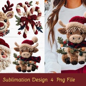 May include: A collection of Christmas-themed designs, including a reindeer, candy cane, Santa Claus, and a Highland cow, all with a textured, plush appearance. The cow is wearing a Santa hat and a plaid scarf, with a string of lights.