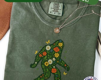 Bigfoot Shirt Comfort Colors Floral Camping Tee Sasquatch Shirt Nature Hike Outdoorsy Women Cryptid Graphic Tee Forest Adventure Top