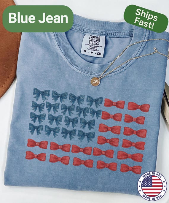 4th Of July Shirt Comfort Colors 1717 Patriotic Bow Flag Tee Cute Red White Blue USA Graphic Independence Day Outfit For Women And Girls