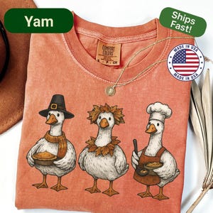 May include: A coral-colored Comfort Colors t-shirt featuring three cartoon geese dressed for Thanksgiving. One goose wears a pilgrim hat and scarf, another a leaf crown, and the third a chef's hat and apron. A gold necklace is draped across the shirt.