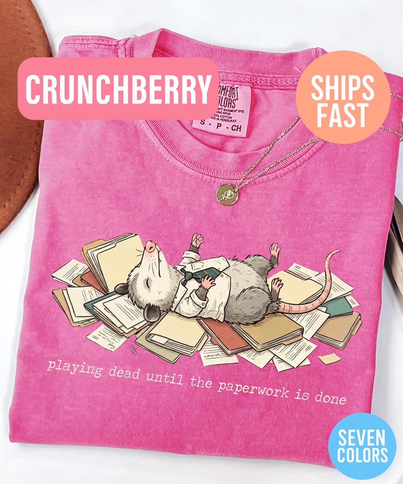 May include: A pink t-shirt with a graphic of an opossum lying on a pile of paperwork, wearing a white shirt and jacket. The text "playing dead until the paperwork is done" is below the graphic. The shirt has the text "CRUNCHBERRY" on it.