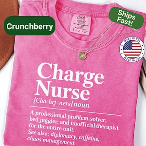 May include: A pink t-shirt with the words "Charge Nurse" in large white letters. The shirt also includes a definition and a list of related terms. A gold necklace with a pendant rests on the shirt. The shirt has a "Made in USA" tag.