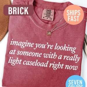 May include: Brick-colored t-shirt with the text "imagine you're looking at someone with a really light caseload right now" in white. The shirt has a crew neck and a small tag. A silver necklace with a pendant is visible.