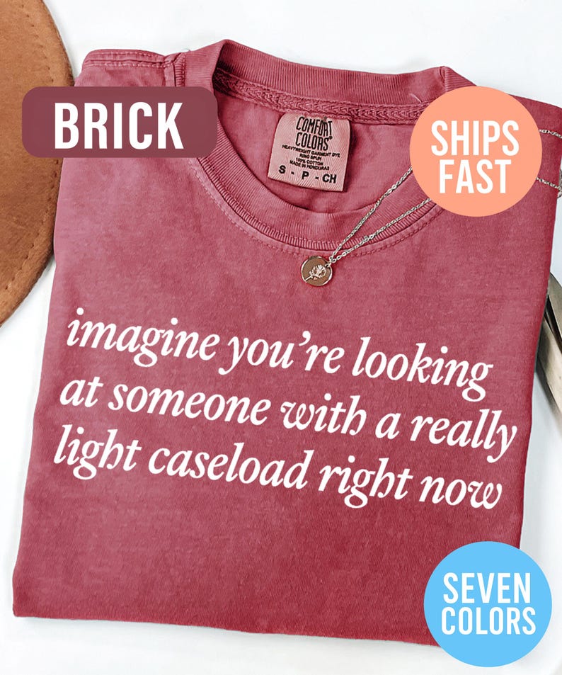 May include: Brick-colored t-shirt with the text "imagine you're looking at someone with a really light caseload right now" in white. The shirt has a crew neck and a small tag. A silver necklace with a pendant is visible.
