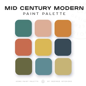 Mid Century Modern Palette, Interior Paint Colors, Interior Color Palette, Home Interior Color Selections