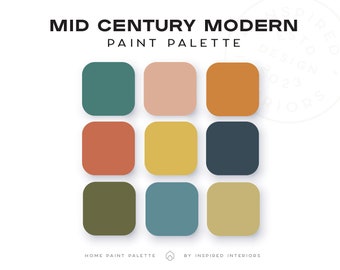 Palette Mid Century Modern, Colori per vernici per interni, Palette di colori per interni, Selezioni di colori per interni di case