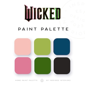May include: A paint palette with six colour swatches. The colours are pink, light pink, green, dark green, blue, and black. The text "WICKED PAINT PALETTE" is at the top of the image.