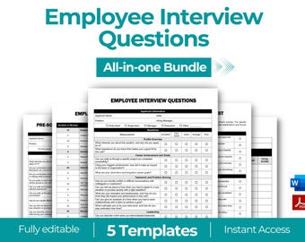 May include: A black and white printable template for employee interview questions. The template includes sections for applicant information, profile overview, career achievement and goals, teamwork and problem solving, and leadership. The text "Fully editable" and "5 Templates" is at the bottom of the page.