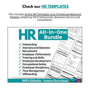 Op de afbeelding: Een teal en witte grafiek met de tekst "HR All-in-One Bundle" en een checklist van HR-sjablonen, waaronder onboarding, interview en selectie, werving, werknemersprestaties, training en vaardigheden, werknemersontwikkeling, veiligheid op het werk, werknemersdiscipline, tijdmanagement en offboarding. De tekst "100% Editable - Instant Download" staat onderaan de grafiek.