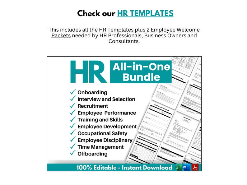 Op de afbeelding: Een teal en witte grafiek met de tekst "HR All-in-One Bundle" en een checklist van HR-sjablonen, waaronder onboarding, interview en selectie, werving, werknemersprestaties, training en vaardigheden, werknemersontwikkeling, veiligheid op het werk, werknemersdiscipline, tijdmanagement en offboarding. De tekst "100% Editable - Instant Download" staat onderaan de grafiek.