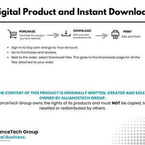 K&ouml;nnte beinhalten: Eine Grafik, die den Prozess des Kaufs, Herunterladens und Druckens eines digitalen Produkts veranschaulicht. Sie zeigt ein Einkaufswagen-Symbol, einen Download-Pfeil und ein Drucker-Symbol. Der Text lautet "Digitales Produkt und Sofort-Download", "Kauf", "Download" und "Drucken".