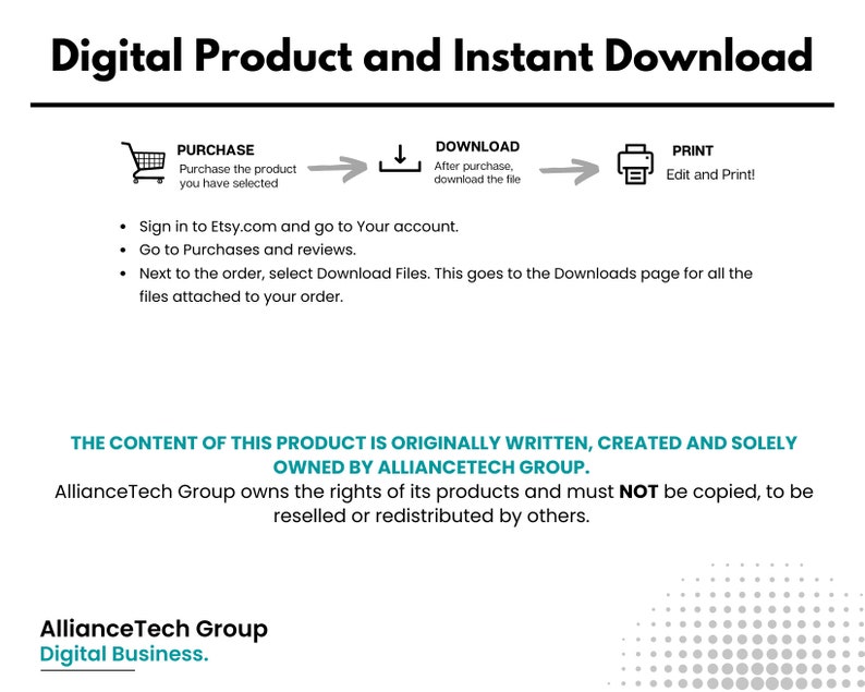 K&ouml;nnte beinhalten: Eine Grafik, die den Prozess des Kaufs, Herunterladens und Druckens eines digitalen Produkts veranschaulicht. Sie zeigt ein Einkaufswagen-Symbol, einen Download-Pfeil und ein Drucker-Symbol. Der Text lautet "Digitales Produkt und Sofort-Download", "Kauf", "Download" und "Drucken".