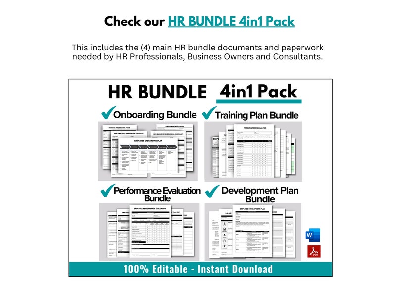 May include: A digital download of an HR bundle pack with four sections: Onboarding Bundle, Training Plan Bundle, Performance Evaluation Bundle, and Development Plan Bundle. The text "HR Bundle 4in1 Pack" is at the top of the image. The text "100% Editable - Instant Download" is at the bottom of the image.