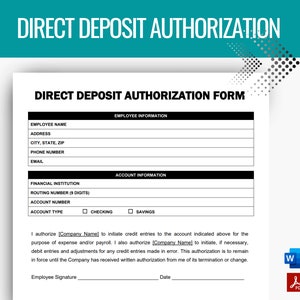 Direct Deposit Authorization, Direct Deposit Form, New Hire Document, HR forms, HR templates, Small Business, Employee onboarding, Payroll