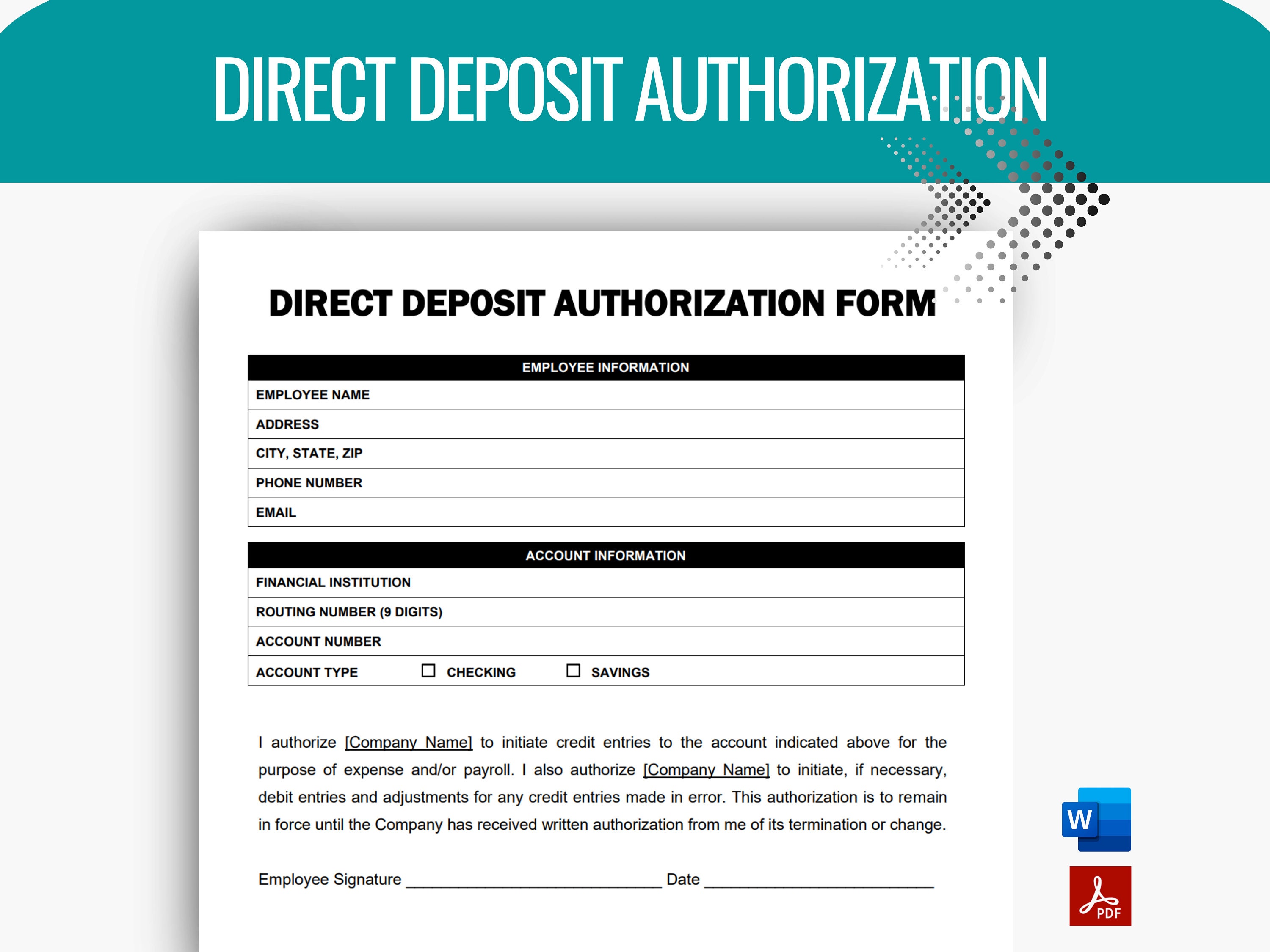 Direct Deposit Authorization, Direct Deposit Form, New Hire Document