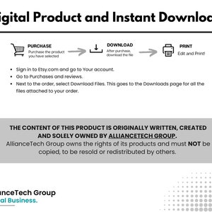 May include: A digital product and instant download graphic with a shopping cart, download arrow, and printer icon. The text reads "Purchase the product you have selected", "After purchase, download the file", and "Edit and Print!"  The graphic also includes instructions on how to download the product after purchase.