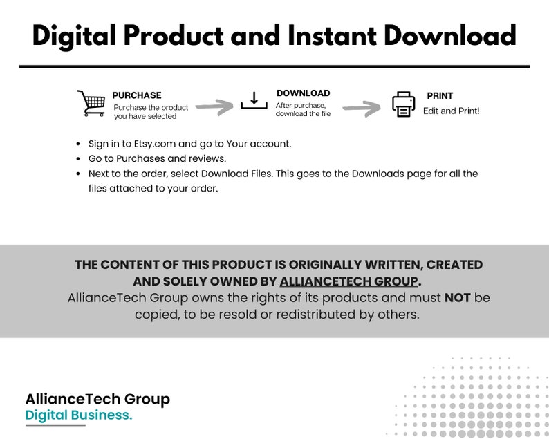 May include: A digital product and instant download graphic with a shopping cart, download arrow, and printer icon. The text reads "Purchase the product you have selected", "After purchase, download the file", and "Edit and Print!"  The graphic also includes instructions on how to download the product after purchase.