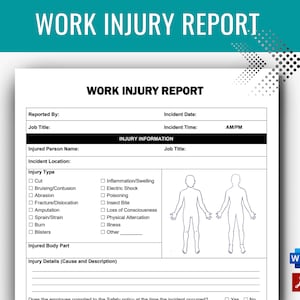Injury Report, Work Accident Report, Incident Report, Employee Safety Form, Accident Log, HR templates, HR Forms, Editable MS Word