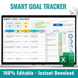 以下が含まれることがあります： SMART GOAL TRACKERスプレッドシートが表示されたラップトップの画面。緑と白の進捗バーが48％の完了を示しています。スプレッドシートは、「S」、「M」、「A」、「R」、「T」、「マイルストーン」、「進捗状況」というラベルの付いた列に分割されています。スプレッドシートは100％編集可能で、すぐにダウンロードできます。