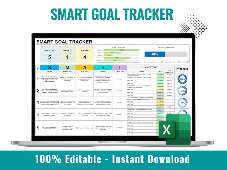 May include: A laptop screen displaying a SMART GOAL TRACKER spreadsheet with a green and white progress bar showing 48% completion. The spreadsheet is divided into columns labeled "S", "M", "A", "R", "T", "Milestone", and "Progress". The spreadsheet is 100% editable and can be downloaded instantly.