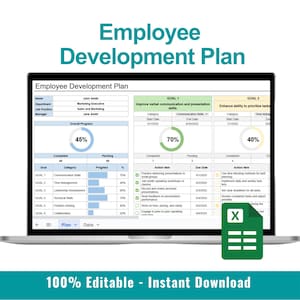 Könnte beinhalten: Ein Laptop zeigt eine Vorlage für einen "Mitarbeiterentwicklungsplan". Der Bildschirm zeigt eine Tabelle mit Abschnitten für Ziele, Fortschritte und Maßnahmen. Das Dokument ist mit "100% bearbeitbar - Sofort-Download" gekennzeichnet.