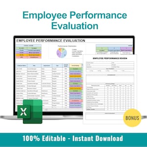 May include: A digital employee performance evaluation template displayed on a laptop screen, featuring a spreadsheet with color-coded ratings, a pie chart, and a separate printable review form with a yellow bonus circle icon.