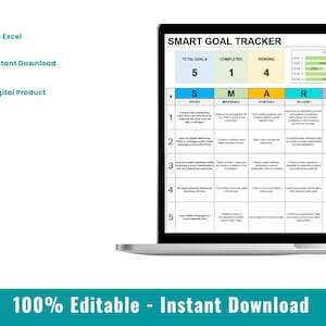 May include: A laptop screen displaying a SMART GOAL TRACKER spreadsheet with columns labeled "Specific", "Measurable", "Achievable", "Relevant", and "Time Bound". The spreadsheet has five rows with different goals listed. The top of the screen shows "Total Goals: 5", "Completed: 1", and "Pending: 4".