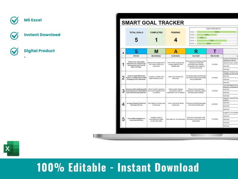 May include: A laptop screen displaying a SMART GOAL TRACKER spreadsheet with columns labeled "Specific", "Measurable", "Achievable", "Relevant", and "Time Bound". The spreadsheet has five rows with different goals listed. The top of the screen shows "Total Goals: 5", "Completed: 1", and "Pending: 4".