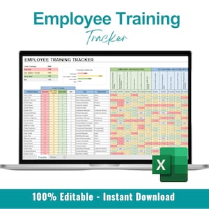 May include: A laptop screen showing an "Employee Training Tracker" spreadsheet. The spreadsheet details employee training data, with sections for compliance. The text "100% Editable - Instant Download" is at the bottom.